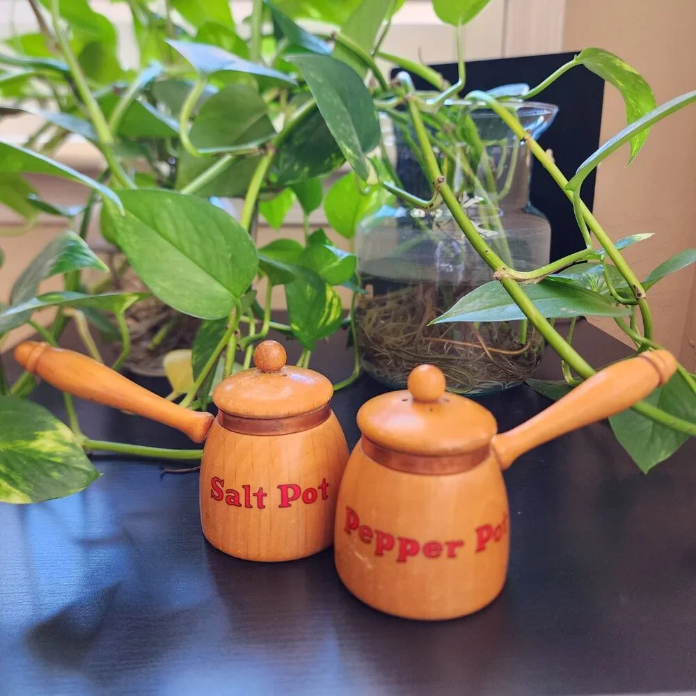 Vintage Salt Pot & Pepper Pot Handled Copper Accent MCM Wood Shakers